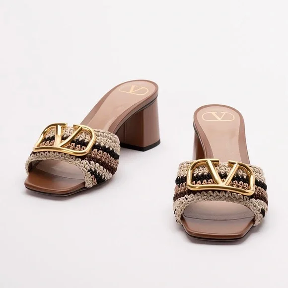 VALENTINO GARAVANI VLOGO 70 multicolor raffia leather sandals heels slippers